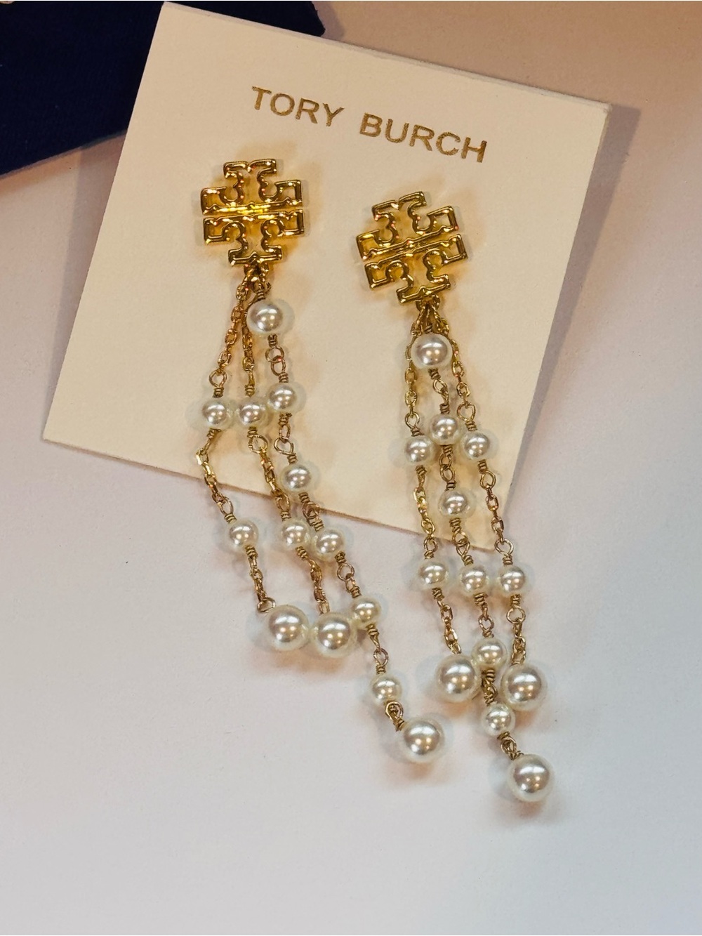 NWT Tory Burch Gold Tone Logo Multi Strand Pearl Cascade Drop Earrings